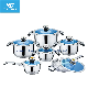  Wide Edge Stainless Steel Cookware Set with T Shape Blue Glass Lid