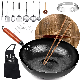  Carbon Steel Wok Pan Set with Wooden Lid No Chemical Coating Flat-Bottom