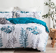  Comforter Queen Size, 600 Thread Count Cotton Blue Floral with Khaki & Grey Leaves Pattern White Reversible Comforter Set, Down Alternative Bedding Set 3PCS