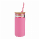  Grink 500ml Top Quality Bamboo Lid Insulated Glass Water Bottle Glass Water Tumbler with Silicone Sleeve Pink