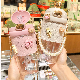  380ml 580ml Ins Girl Kids Portable Plastic Bottle Cute Rabbit Ear Plastic Water Bottle Cup With Straw Pearls Metal Chain Strap