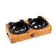 Beveled Bamboo Plate Ceramic Two-Bowl Dog Cat Pet Food Bowl Set
