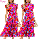 Dear-Lover Wholesale Private Label Bohemian Multicolor Boho Geometric Print Summer Short Sleeve Ruffle Tiered Long Maxi Dress
