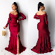  Ladies Fashion Elegant Sexy Satin Slim Long Sleeve Evening Party Dress with Side Slit
