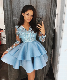  Light Blue V Neck Lace A Line Homecoming Dresses Long Sleeves Applique Tiered Layers Short Party Cocktail Prom Dresses B15