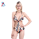  Women′s Sexy Halter Strappy Printed Hollow Backless One Piece Beachwear