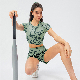  Fashion Patterned Tennis Clothes Set Short Sleeve Shirt Crop Top + Running Biker Shorts with Phone Pockets Golf Outfits 2PCS Workout Sportswear Suit