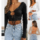 Wholesale Sexy Drawstring Straps Backless Female Long Sleeve V-Neck Short Tops T-Shirt manufacturer
