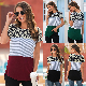  2020 Fashion Women Sexy Leopard Black and White Stripes Stitching Short-Sleeved Round Neck T-Shirt Women′s Shirt Ladies T Shirts