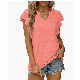  Women′s Ss New Fashion Amazon Ruffled Sleeves V-Neck Short-Sleeved Loose Top T-Shirt Clothing