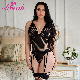  Black V Neck Wholesale Stripe Pattern Transparent Sexy Garter Underwear Bodysuit Lingerie