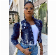  Women Plus Size Denim Puff Sleeve Long-Sleeved Short Jacket
