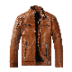  Men Long Sleeve Stand Collar Brown Color PU Motorcycle Plush Leather Jacket with Zipper Pockets