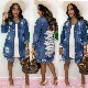  Long Denim Trench Coat in Solid Color with Ripped Holes