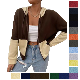  Casual Loose Warm Comfortable Zip Fleece Hooded Colorblock Women′s Sweatshirt Ladies Hoodies with Drawstring