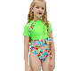  Bay Girls 2 Piece Swimsuits Green Rash Guard Top and Flowers High Waisted Panty Sun Protection Bathing Suits Bikini Set