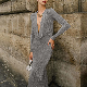  SJ-H21022 French sexy hollow deep V slimming long sleeve bright silk dress