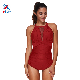 Women One Piece High V-Neckline Mesh Ruched Monokini Swimwear Bra Set
