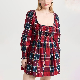 Customized High Quality Square Collar Long Sleeve Pleated Mini Plaid Pattern Dress