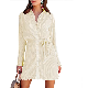  Women′s Shirt Mini Button Dress V Neck Long Sleeves Belted