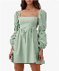  Amazon Explosive Women′s Square Neck Dress Long Sleeve Bubble Sleeve a-Word Casual Short Mini Dress