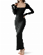  Square Neck Long Sleeve Soft Lounge Ribbed Bodycon Maxi Dress