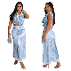 L2897 Denim Digital Printing Sleeveless Buttons Shirt Collar Long Skirt Set