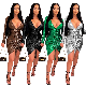 L287953 Fashion Deep V Long Sleeve Drawstring Wrapped Nightclub Bodycon Dress