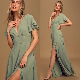  V Neck OEM China Custom Apparel Factory Hot Selling Wholesale Fashion Ladies Short Sleeves Maxi Clothing Women Sage Brush Dress