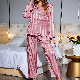 Womens Buttons Popular Striped Silk Stain 2PCS Shirt and Pants Set Loungewear