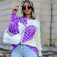  Women Round Neck Sleeve Flared Sleeve Heart Contrast Knitted Sweater