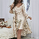  Long Women′ Silk Satin Lingerie Floral Lace Cami Sleepwear Pajamas with Robe
