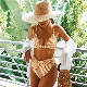  Sexy High Waist Belt Bikini Set Yellow Stripe Swimsuit Tie Front Women Swimwear