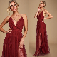  V Neck OEM China Custom Apparel Factory Hot Selling Wholesale Fashion Ladies Sleeveless Maxi Clothing Women Burgundy Dress