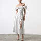  Women′s Tea Break Skirt French Puff Sleeves Solid Color Lace High Slit Long Skirt Summer Women′s Dress