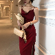  Silk Satin Red Camisole Dress Summer Women′s Waist Is Thin Temperament Sleeveless Long Skirt