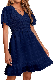  Short Sleeve Casual Women′s V Neck Smocked Swiss DOT Swing Flowy Ruffle Hem Mini Beach Summer Dress