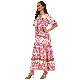  Custom Woven Floral Printing Design European Style V-Neck Beach Holiday Dresses for Women