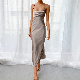  Women Satin Dresses Women Sexy Elegant Plain Silk Slip Hollow out Backless MIDI Dress
