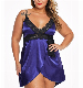  Sexy Plus Size Luxury Satin Lingerie Silk Babydoll Dress V Neck Triangle Cup Sheer Loose Skirt with G-String Set Esg13604