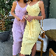 2023 Spring Rib V Neck Split Tie Side Maxi Bodycon Dress