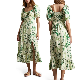  Short Puff Sleeve Linen Square Neck Split Thigh Style Fashion Women Dress