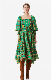  Spring Fresh Vintage Printed Flok Style Square-Neck Ruff Sleeve Vibrant MIDI Dress