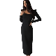 2023 Spring European Square Neck Long Sleeve Maxi Black Bodycon Dress