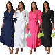  Amazon Hot Sale Style Polo Collar High Waist Fashion Casual Pleated Women Dresses