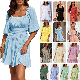 Wholesale New Design Beautiful Bow Knot Square Neck Ruffled High Waist Fashiondress
