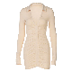 European V Neck Polo Collar Long Sleeve Bodycon Mini Dress