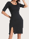  Large Round Neck Half Sleeve Half Sleeve Side Split Wrap Hip Dress Women′s Dresses