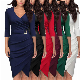  Autumn New Fashion Three-Quarter Sleeves Women′s V-Neck Office Dress