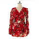  Chiffon Ladies Red Printed Clothes Trousers Pants Girl Women Woven Longsleeve Jumpsuit with Ethnic Style